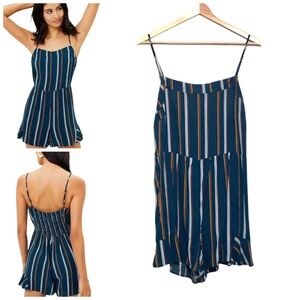 Loft Beach Teal Striped Romper Shorts Smocked Back Women's Size Medium